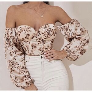 Amazon Bustier Lace Up Corset Floral Top Size Medium Sexy Cropped Balloon Sleeve